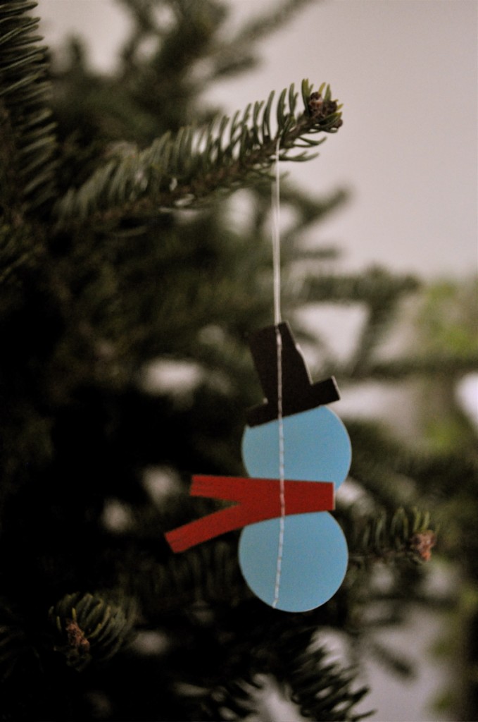 snowman ornament made from paint chips